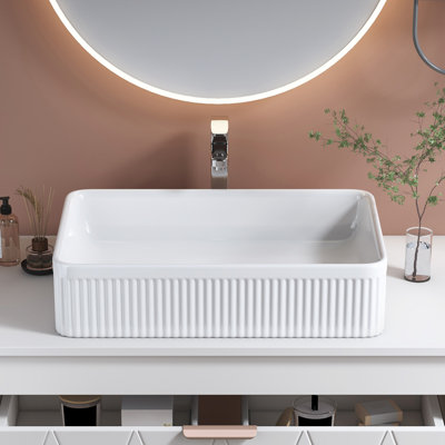 White Rectangular Vessel Sink For Bathroom With Drain Assembly - Contemporary Design, High Grade Glazed , 34.5Cm Width, Easy To Install Ceramic Modern Artistic Touch, Ideal Vanity Remodels, 13.6