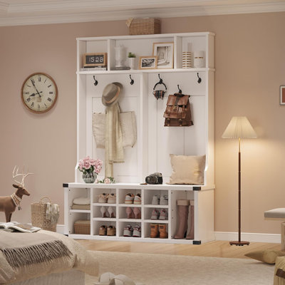 Arbre d'entrée avec banc de rangement pour chaussures, banc d'entrée 4-en-1 avec portemanteau et tablette réglable, arbre d'entrée avec coin en métal et 5 crochets à trois battants pour l'entrée, la chambre à coucher et le salon