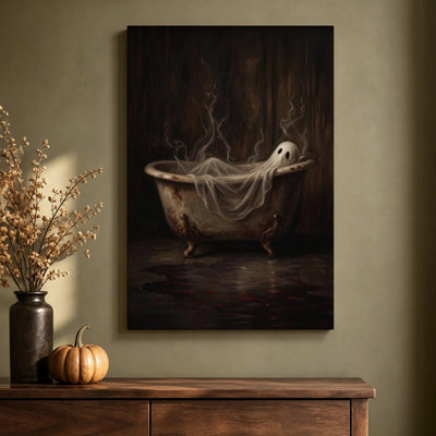Tableau à l'huile sur toile tendue, représentant un fantôme dans une baignoire (scène gothique), 40 x 60 cm, prêt à accrocher. Dimensions : 40 x 60 cm.