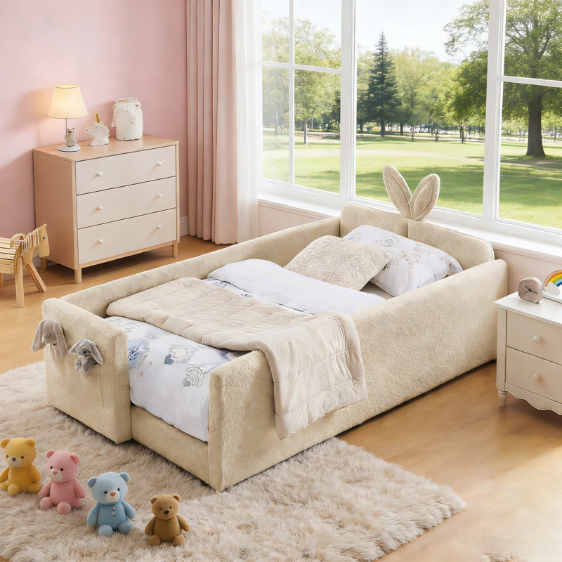 Upholstered Platform Bed With Cute Rabbit Ear Shaped Headboard, Safety Rail, And Pocket, Boucle Fabric, Camel
