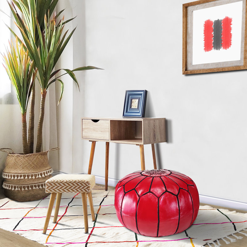 Leather Pouf, Red/Black Genuine Leather