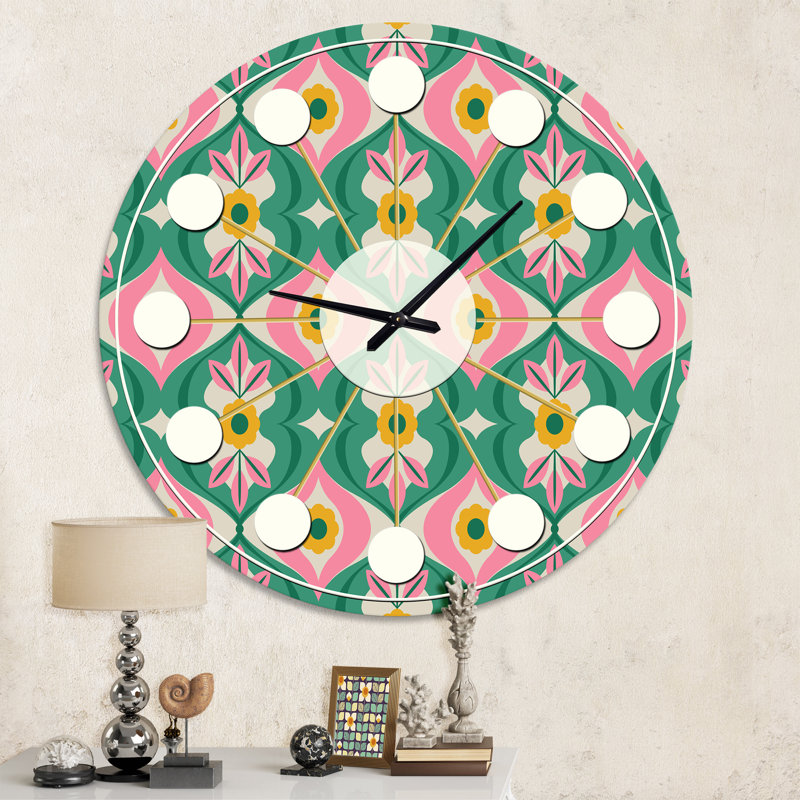 retro pattern with flowers and leaves - Mid-Century Modern wall clock, Medium