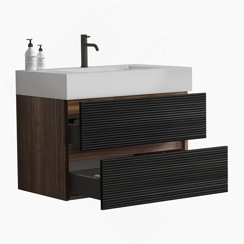 Meuble-lavabo pour salle de bain avec lavabo en quartz d'ingénierie et tiroirs noirs doux, meuble-lavabo mural flottant pour salle de bain moderne, lavabo blanc brillant une pièce, KD
