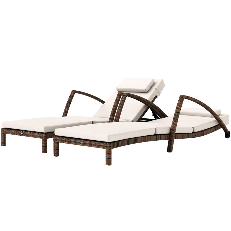 Set Of 2 Wicker Chaise Lounge Chair Outdoor Patio Lounger With 5 Adjustable Back, Wheels, Cushion, And Armrests, Beige, Beige