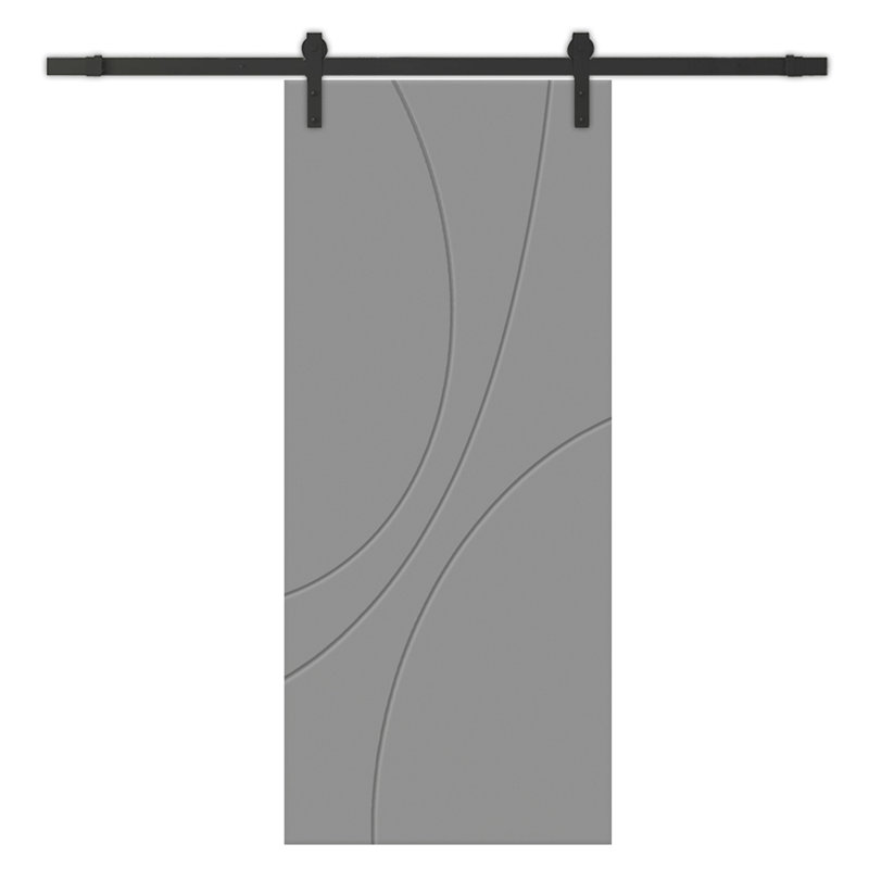 Porte de grange à panneaux et en bois avec quincaillerie d'installation, 30 po x 84 po, Gris clair, Noir mat