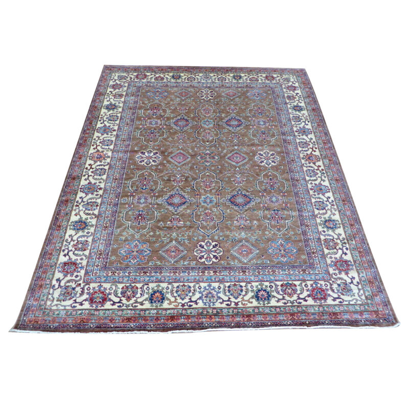 Tapis brun en laine noué à la main de conception unique 8 pi 4 po x 10 pi 3 po Fonville