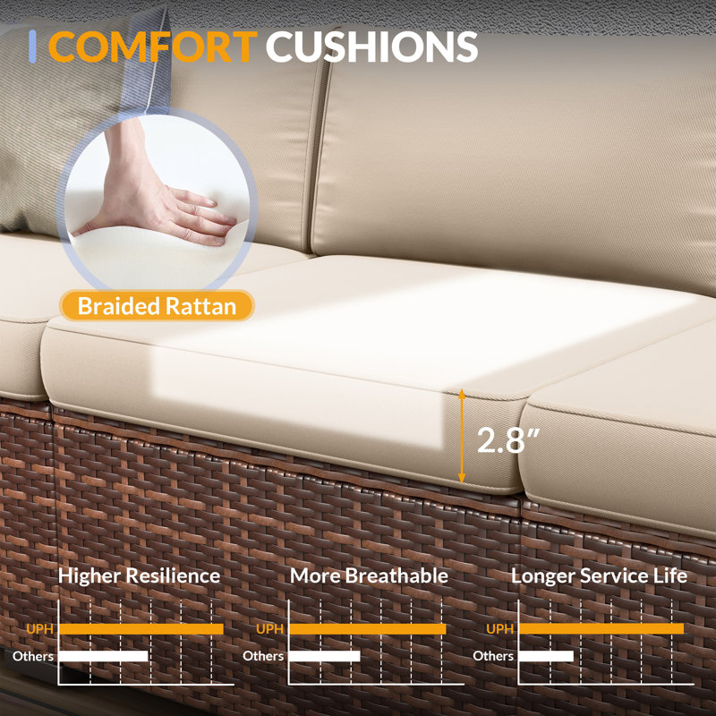 7 Pieces Patio Furniture Set, Outdoor Furniture Sectional Rattan Sofa With Slanted Back, Beige, Brown