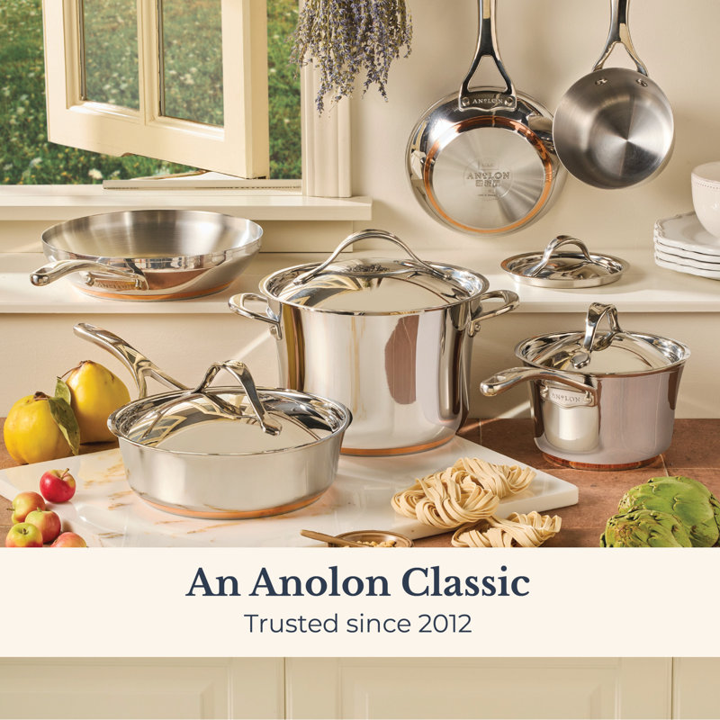 Anolon Nouvelle Copper Stainless Steel Induction Frying Pans / Skillet Set, 8 Inch and 9.5 Inch, Silver