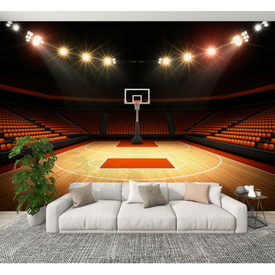 Peel and Stick Wallpaper Basketball Court Glowing Stadium Lights Orange Seating Wall Murals 100"H x 144"W Removable PVC Wall Paper Self-Adhesive Wall Decor for Bedroom Living Room Home Office