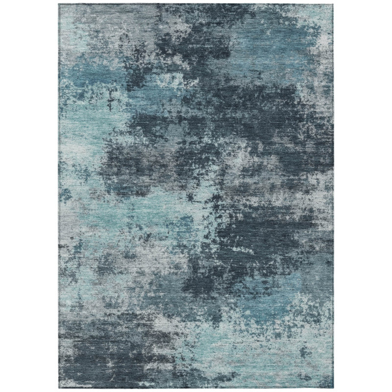 Tapis d'extérieur lavable abstrait bleu sarcelle et bleu marine 10 pi x 14 pi