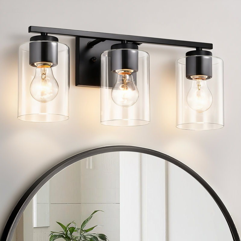 Éclairage pour meuble-lavabo 3 lumières 17 po noir mat avec abat-jour en verre transparent, Noir, 3 lumières