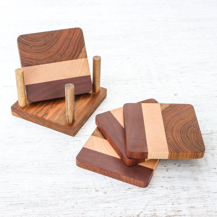 Union Rustic Wood Square 4 Piece Coaster Set With Holder - Wayfair