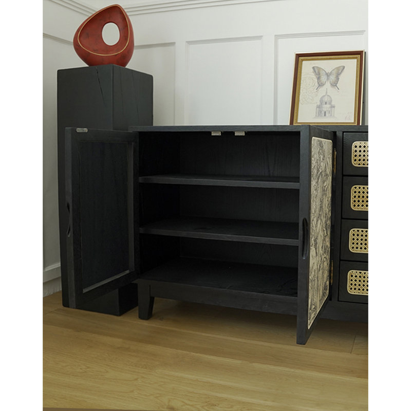 Armoire d'appoint en rotin de style rétro, Noir, noir, noir, noir
