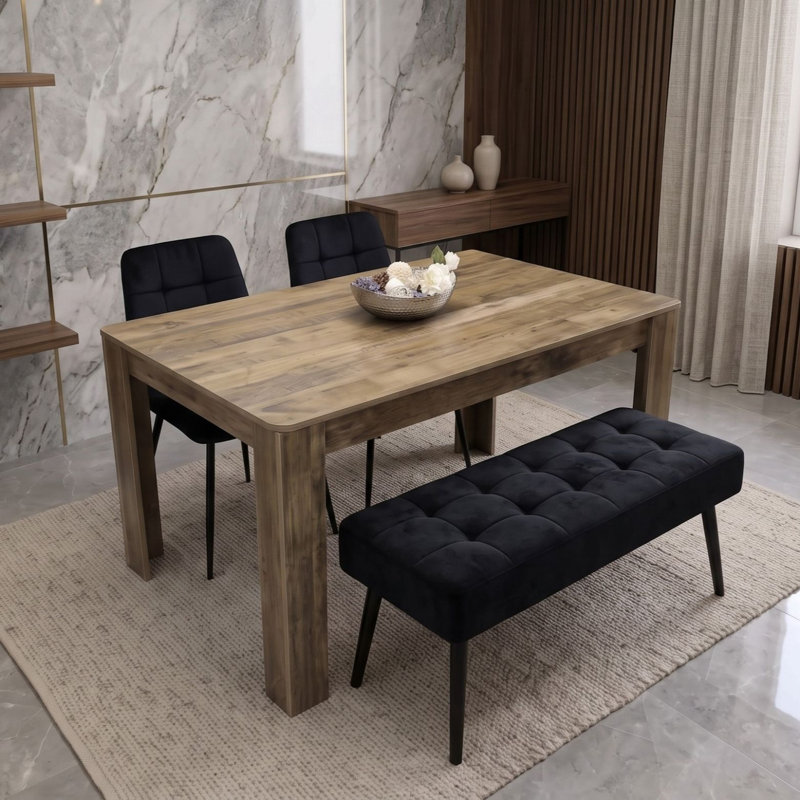 Modern Rustic Dining Table Set with 2 Black Velvet Chairs and Black Velvet Bench 4 Seater