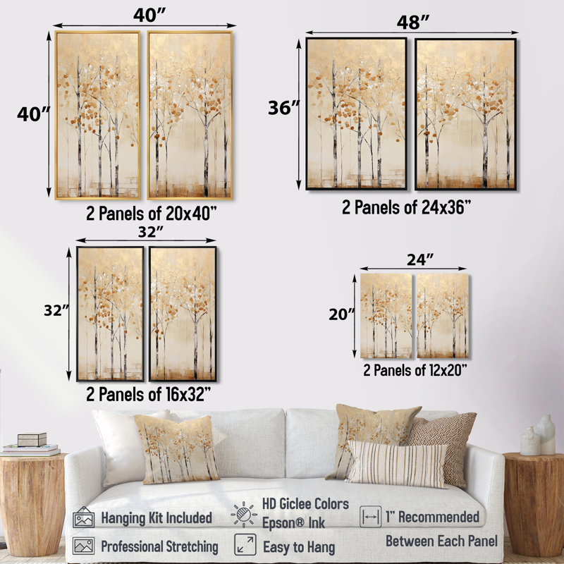 Minimalisme Golden Trees Harmony I - art mural sur toile beige, H 36 po x l 48 po, Impression encadrée flottante, Noir