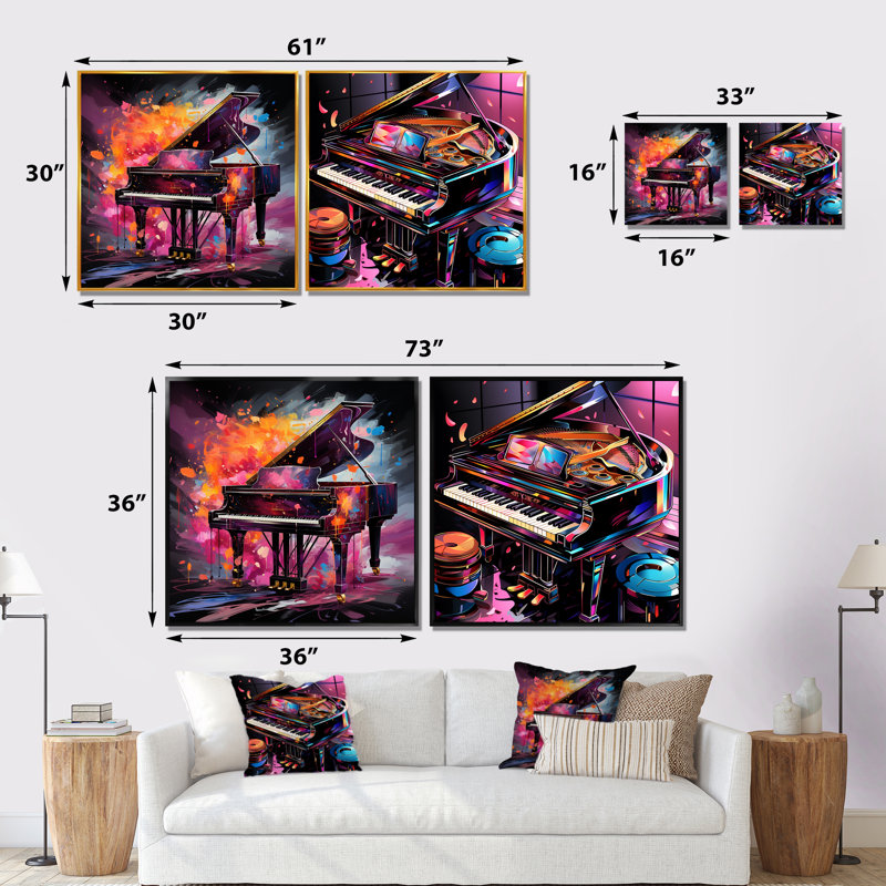 Ensemble de 2 impressions sur toile mauves d'un piano à queue I - Music Piano, Toile tendue, H 16 po x l 33 po x P 1 po