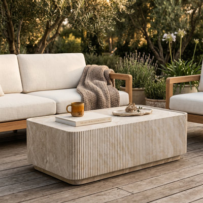 LeisureMod Malta Fluted Rectangular Fiberstone Coffee Table for Indoor Outdoor