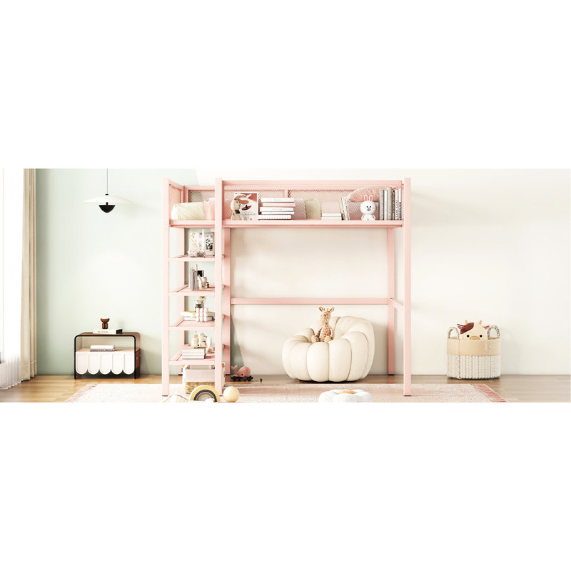 Lit mezzanine en métal rose avec coin lecture et tablette latérale - expérience pratique pleine grandeur dans une chambre à coucher moderne et pratique