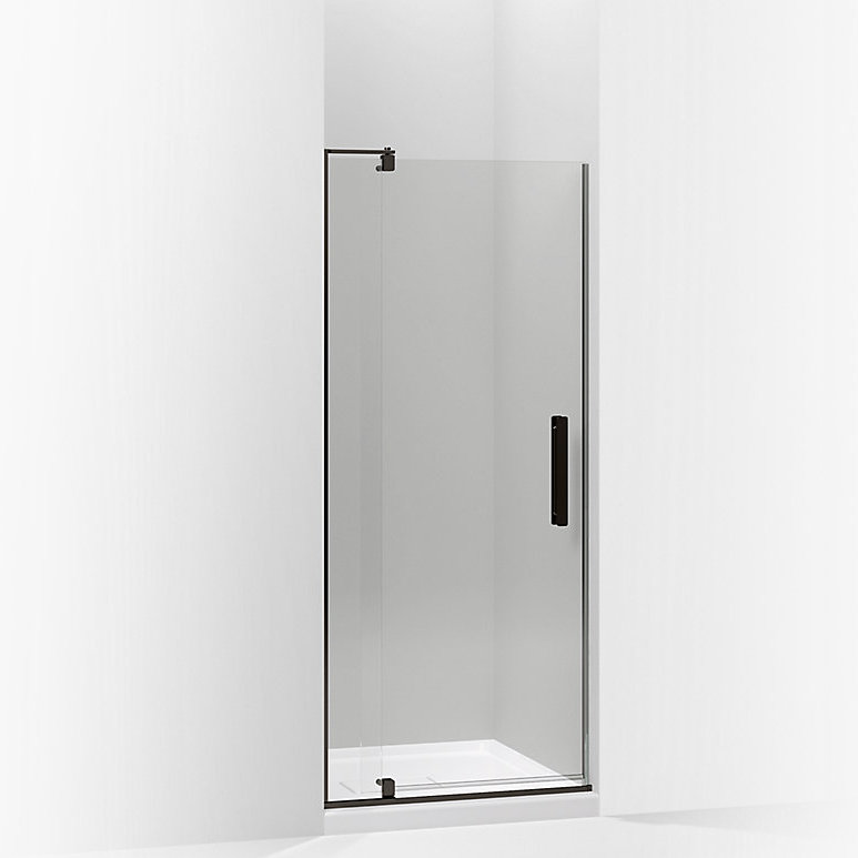 Porte de douche à pivot 27,25 po x 70 po Revel avec technologie CleanCoat, Bronze foncé anodisé, Cristal transparent