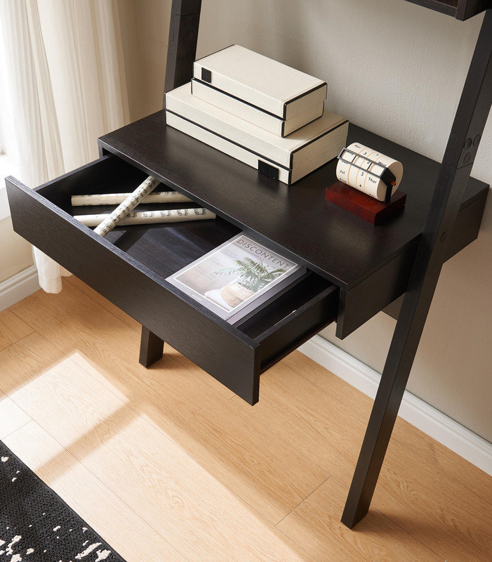 Home office desk workspace writing table bookcase ladder one drawer two shelves handleless design modern
