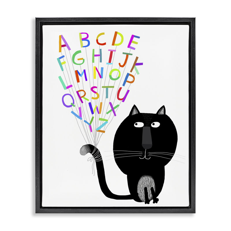 Chat avec alphabet, art mural encadré flottant par Carla Daly, Cadre flottant noir de jais, H 21 po x l 17 po