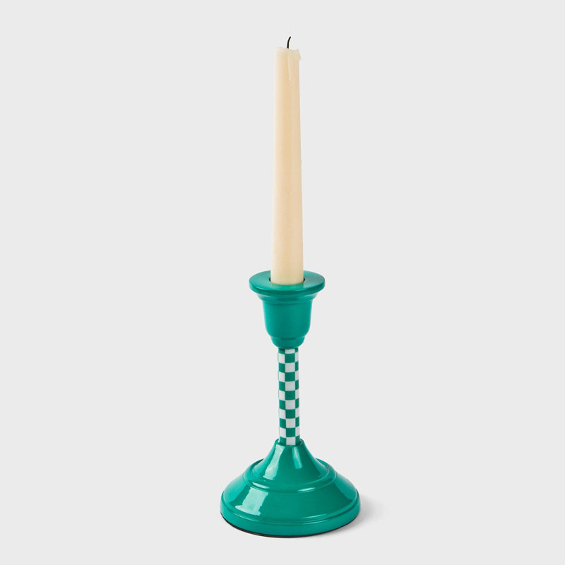  Jade Mint Checkered Candlestick, 7.75" H x 4.25" W x 4.25" D
