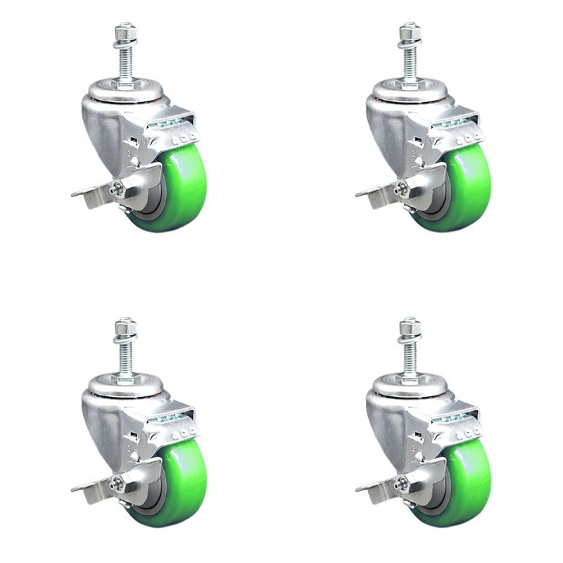Ensemble de roulettes à tige filetée en polyuréthane orange de 3 po et filetage de 3/8 po, Vert