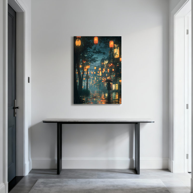 Ensemble de 1 tableau sur toile tendue représentant une scène nocturne de rue avec des lanternes japonaises
