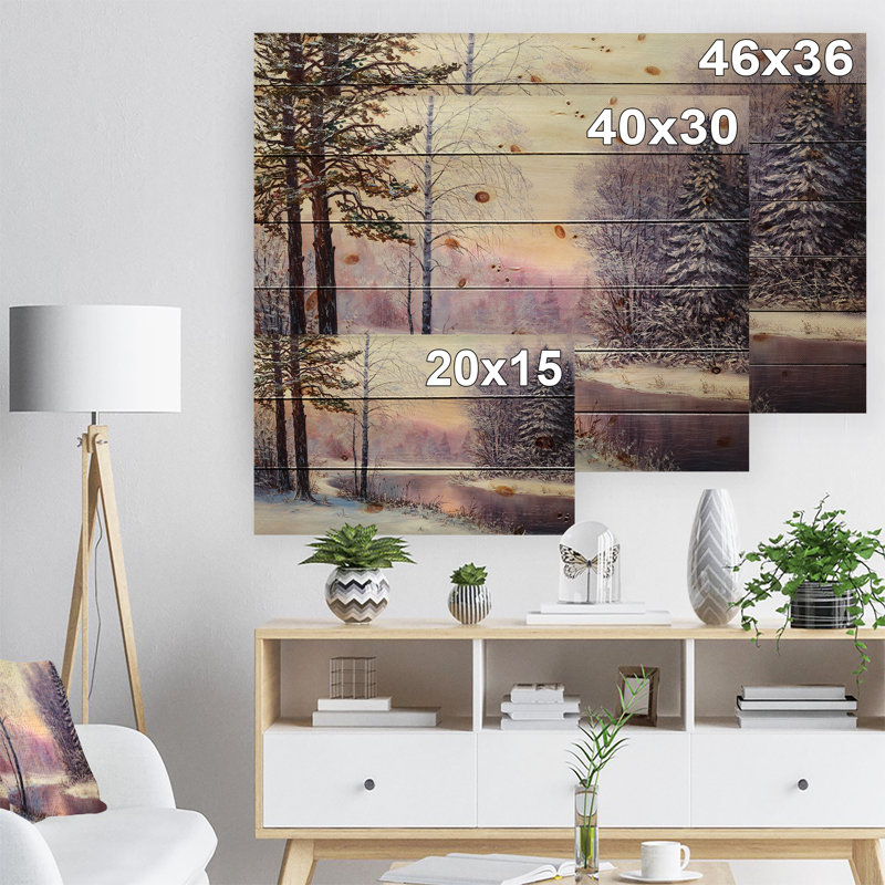 «River in Winter Landscape», peinture, H 20 po x l 15 po x P 1 po, Bois