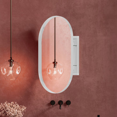 Armoire à pharmacie encastrée ovale 20 po x 34 po, armoire de salle de bain murale en métal avec miroir et tablettes réglables, miroir mural avec rangement pour salle de bain, blanc