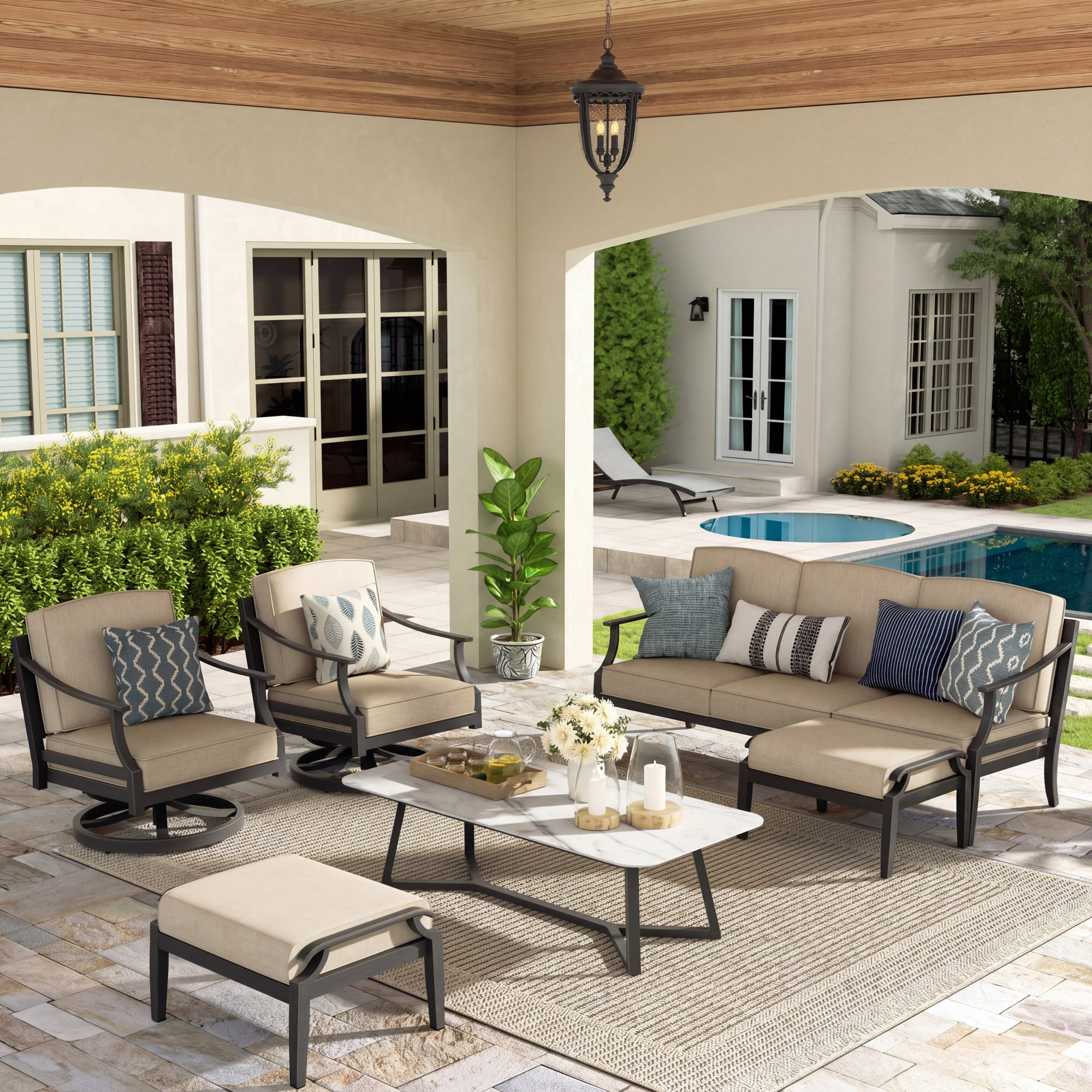5 Person Aluminum Patio Conversation Set With Sintered Stone Tables, Ottomans And Sunbrella® Cushions