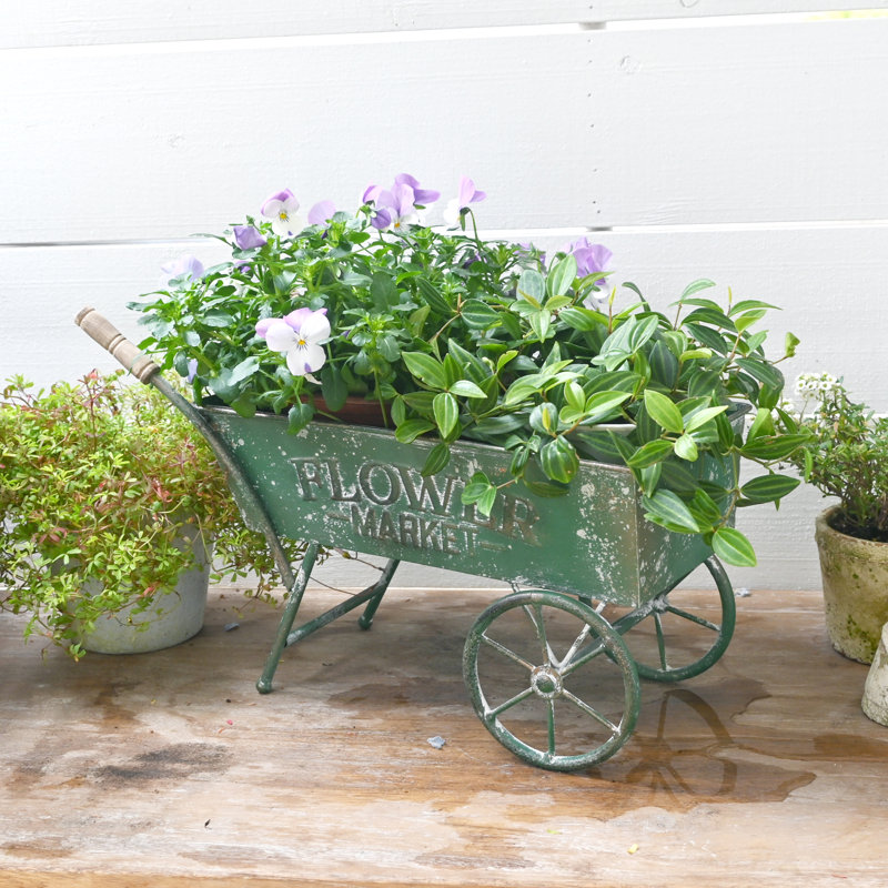 Vintage Wheelbarrow Planter for Outdoor Flower Cart for Tabletop Porch Patio Garden Balcony Decoration, Green