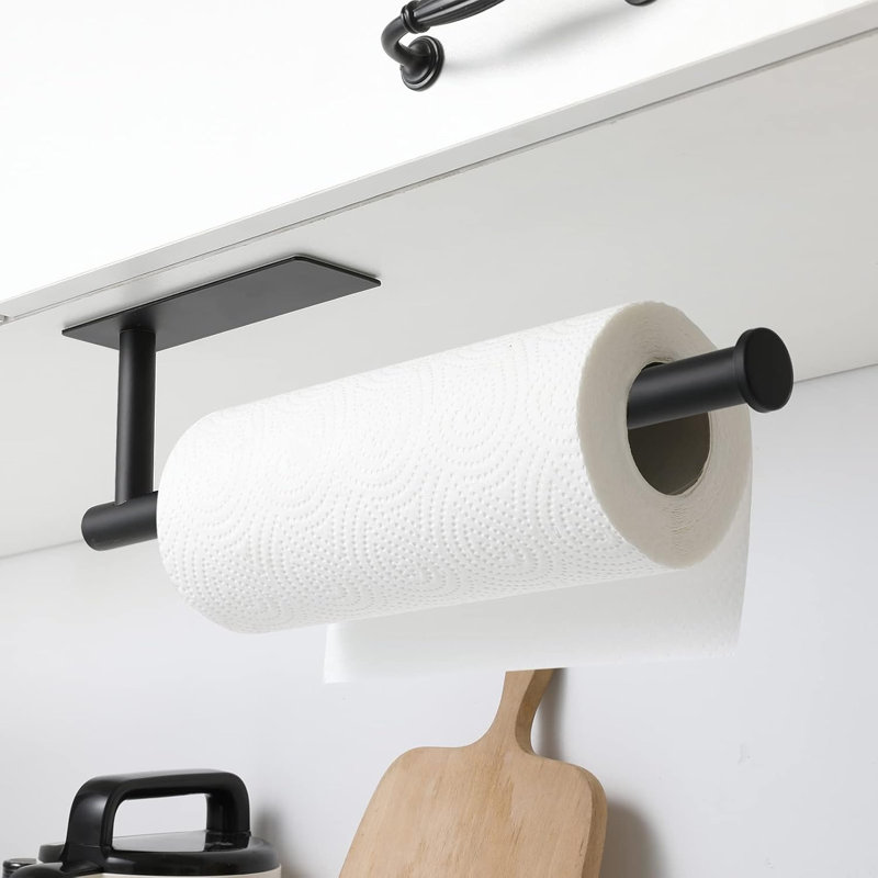 Porte-rouleau de papier essuie-tout sous meuble de cuisine, adhésif, noir, fixation murale, acier inoxydable SUS304, installation par adhésif ou vissage.