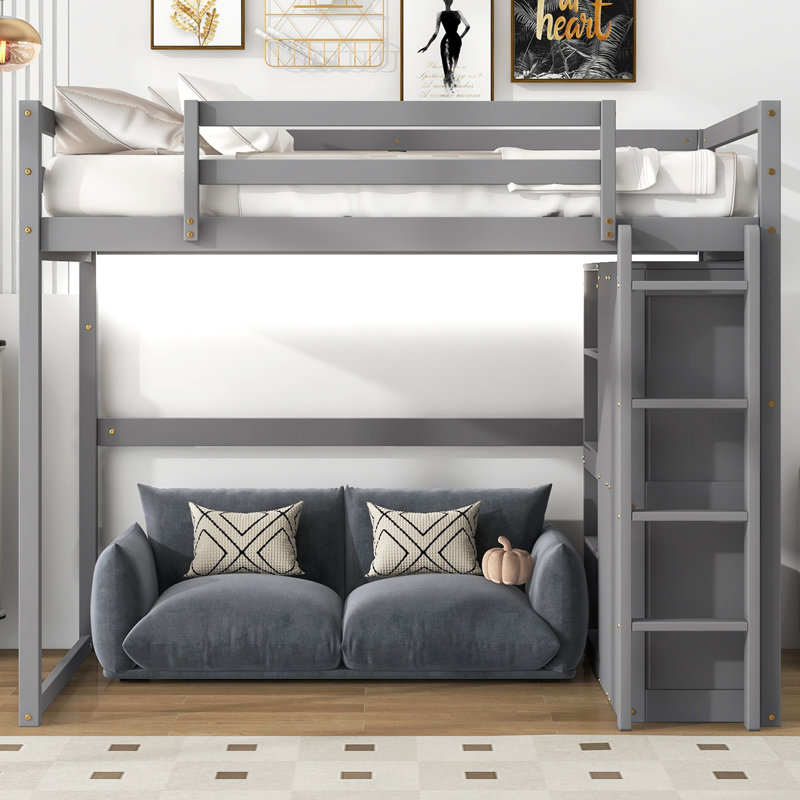 Lit mezzanine double en bois avec garde-robe intégré et tablettes de rangement, lumière DEL, gris