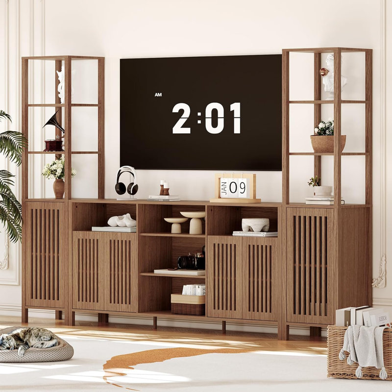3-Piece Large TV Stand with Bookshelves, Entertainment Center for TVs Up to 70", Brown