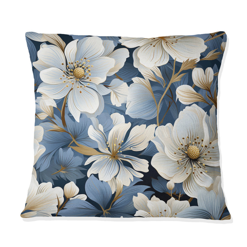 Coussin décoratif à imprimé floral bleu rétro Romance III, H 16 po x l 16 po