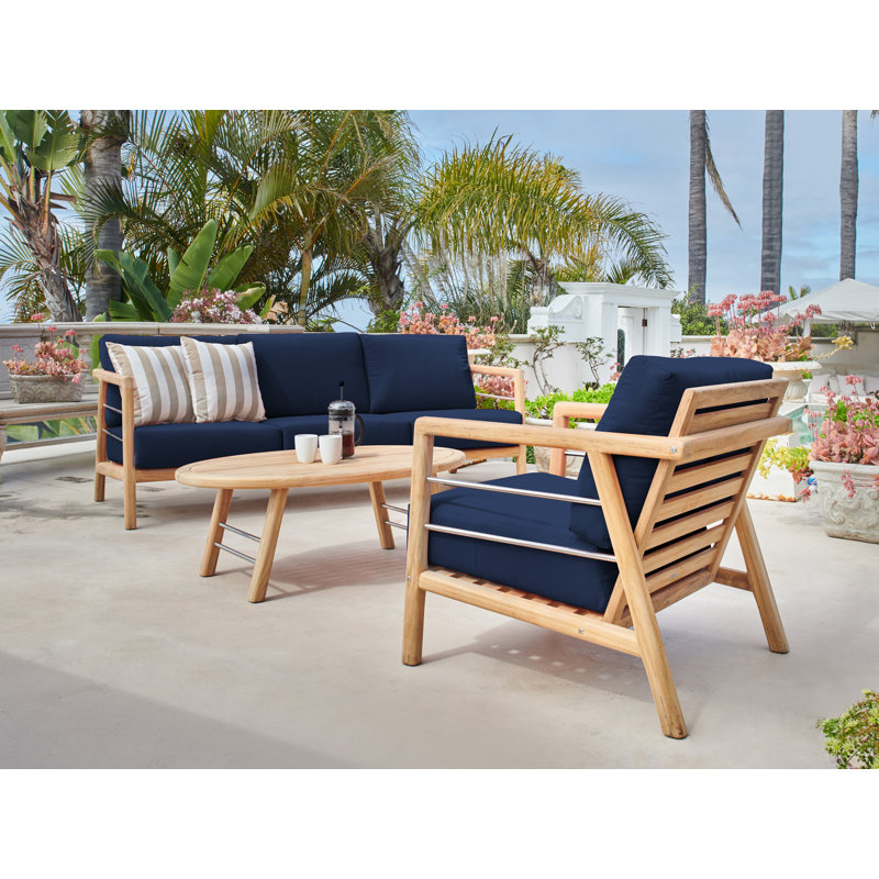 Aalto 4-Piece Teak Deep Seating Outdoor Sofa Set With Sunbrella Melon Cushions, Navy Sunbrella®