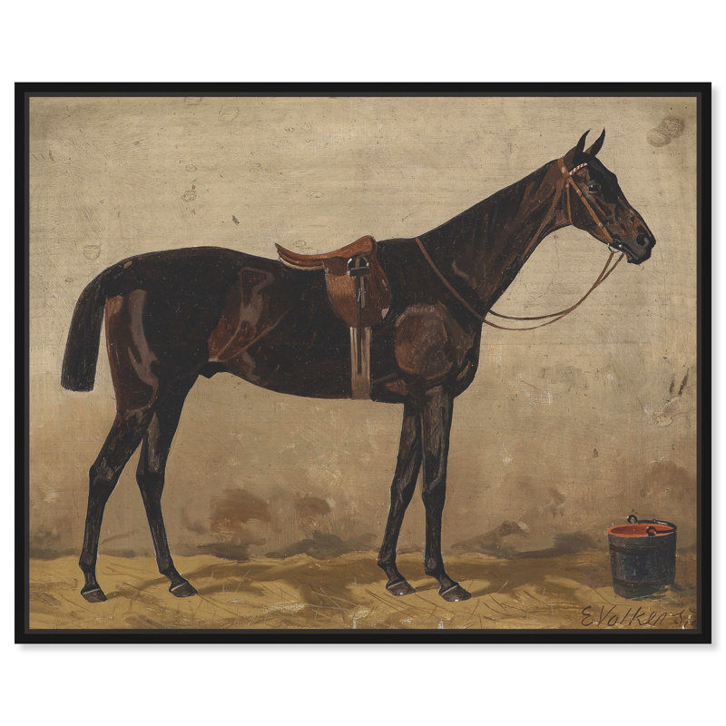 Brauner Im Stall Farm Animals by Emil Volkers - on Canvas, 36" H x 45" W, Black Framed Canvas