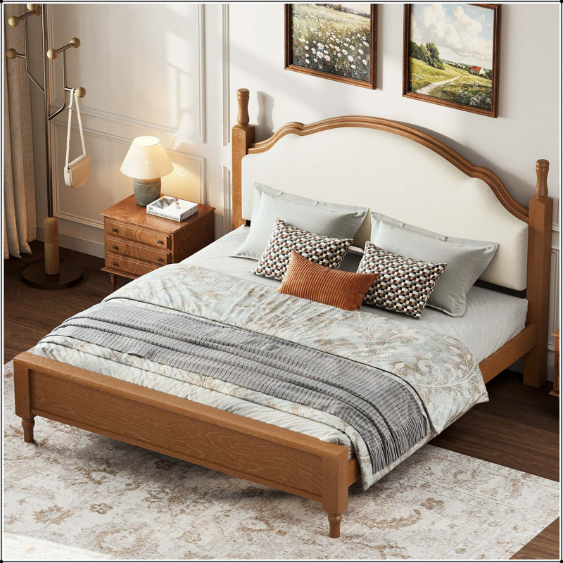 Grand lit plateforme en bois avec tête de lit tapissier, Grand lit, Beige/brun