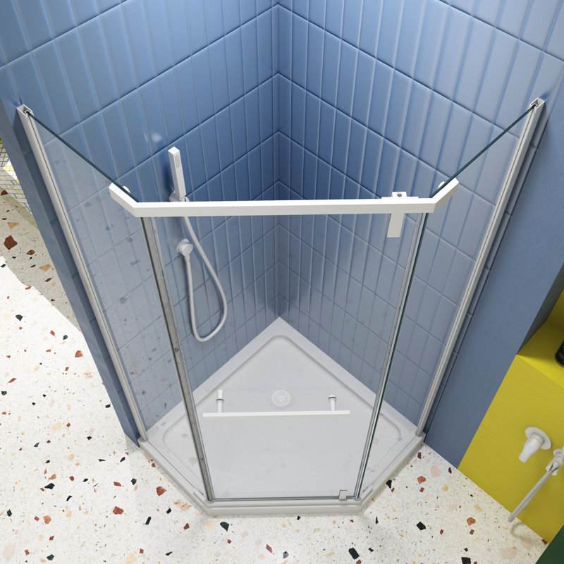 Pivot Shower Door - 1/4" Tempered Clear Glass Matte White -angle 34.75 In. X 72 Smooth Operating System Good Leak Protection Comfortable Action Leak- Enclosure