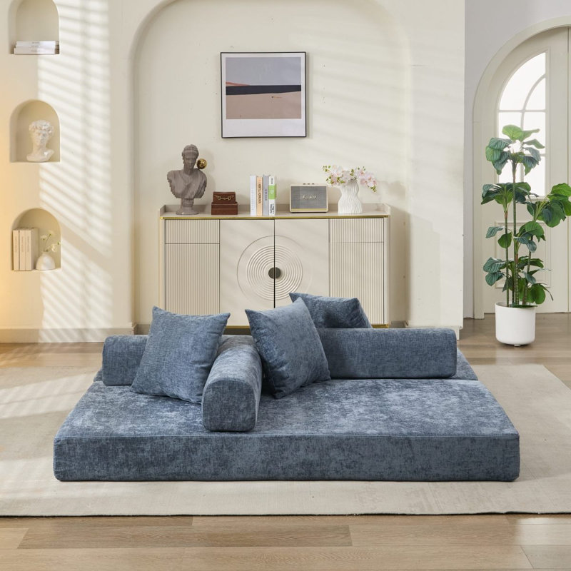 Comfy Convertible Folding Mattress Couch, Floor Sofa Bed, Chenille Floor Sofa With Armrest, Floor Sofa Lounge Couch For Living Room Bedroom Lounge Studio-Blue