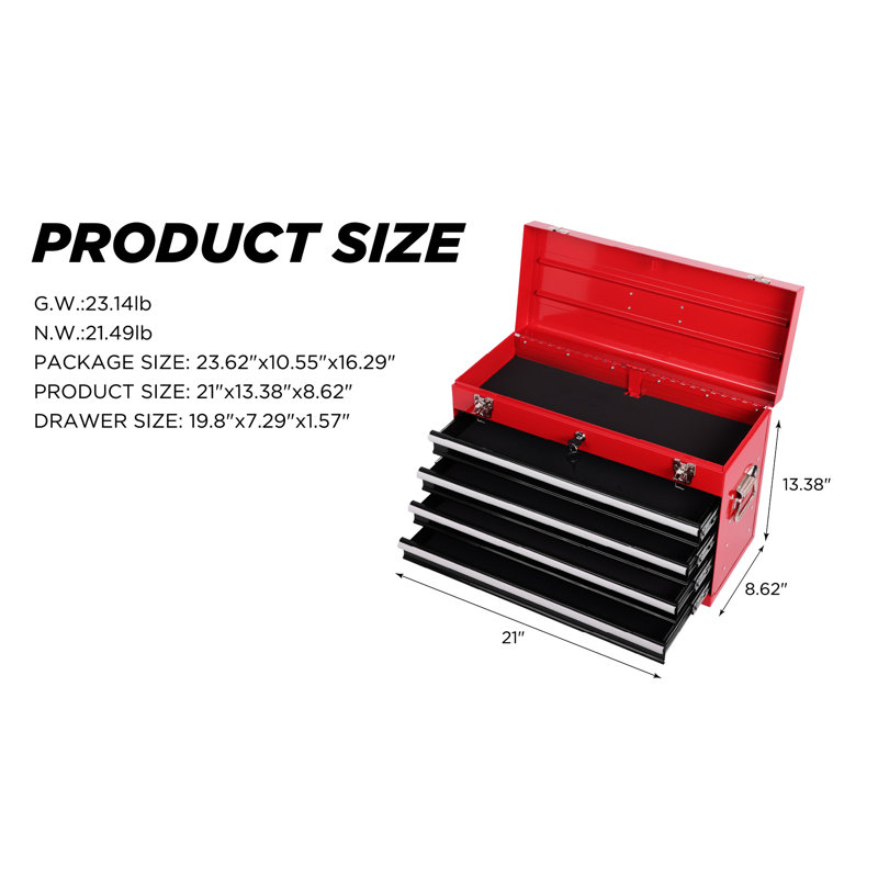Rangement à outils multifonctionnel de 21 pouces avec 4 tiroirs, verrouillage automatique, tiroir coulissant pour un accès facile à la commode en acier portable, résistance à la rouille thermolaquée