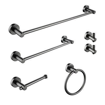 6 Piece Bathroom Towel Rack Wall Mount - Gunmetal Black Finish. Aluminum Made For Longevity. Resists Surface Damage. Easy Installation Process. For Various Areas. 22.28In Deep, 2.5In Wide, 1.99In