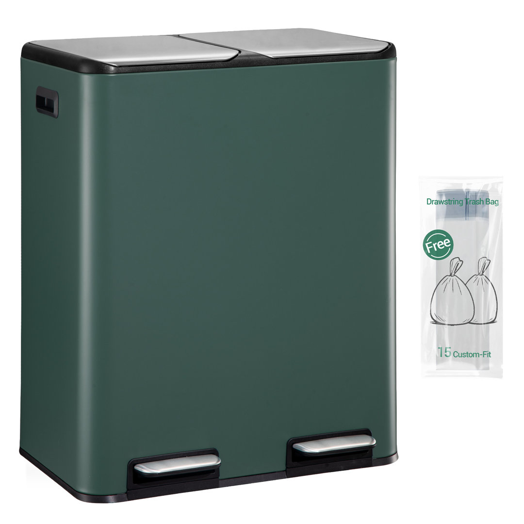 Kitchen Bin, Recycling Bins, Pedal Bin with Lid, Stainless Steel Kitchen Bins Recycling and Waste, Silent Slow-Down Closing Lid, With 15 Exclusive Tra