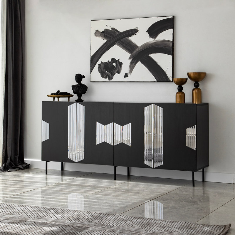 Console moderne, noir et fumée, 70,9 x 31,5 x 15,7 pouces | 100% panneau de particules enduit de mélamine, épaisseur: 0,7 pouce | Conception géométrique élégante pour le salon et le vestibule, durable et élégante