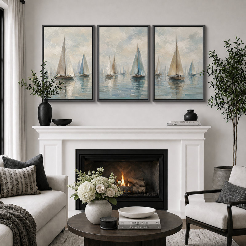 Doux bleu voilier, art de paysage marin, photos de salon, impression sur toile encadrée, 3 pièces, 24" H x 48" W x 1.5" D