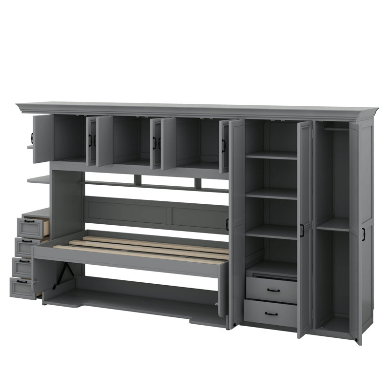 Lit escamotable simple avec bureau, lit mural pliable en bois multifonctionnel avec garde-robe, tiroirs et unités de rangement