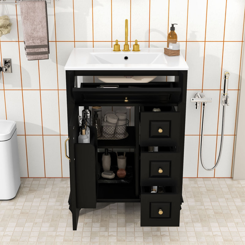 Meuble-lavabo de salle de bain avec comptoir en céramique, tablette réglable, tiroir rabattable et 3 tiroirs, Noir