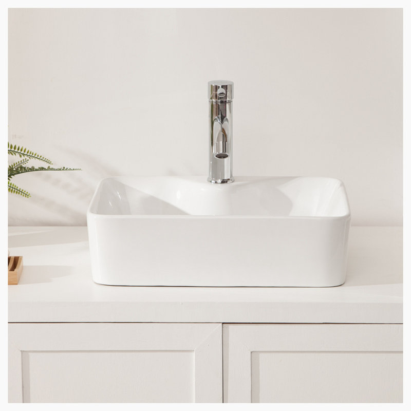 Hewei 15'' Ceramic Rectangular Vessel Bathroom Sink, White