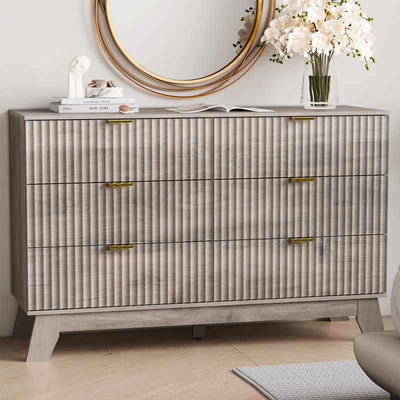 Fluted 47"W 6-Drawer Dresser w/Metal Handles, Bedroom Storage Chest, Tip-Resistant, Gray Oak